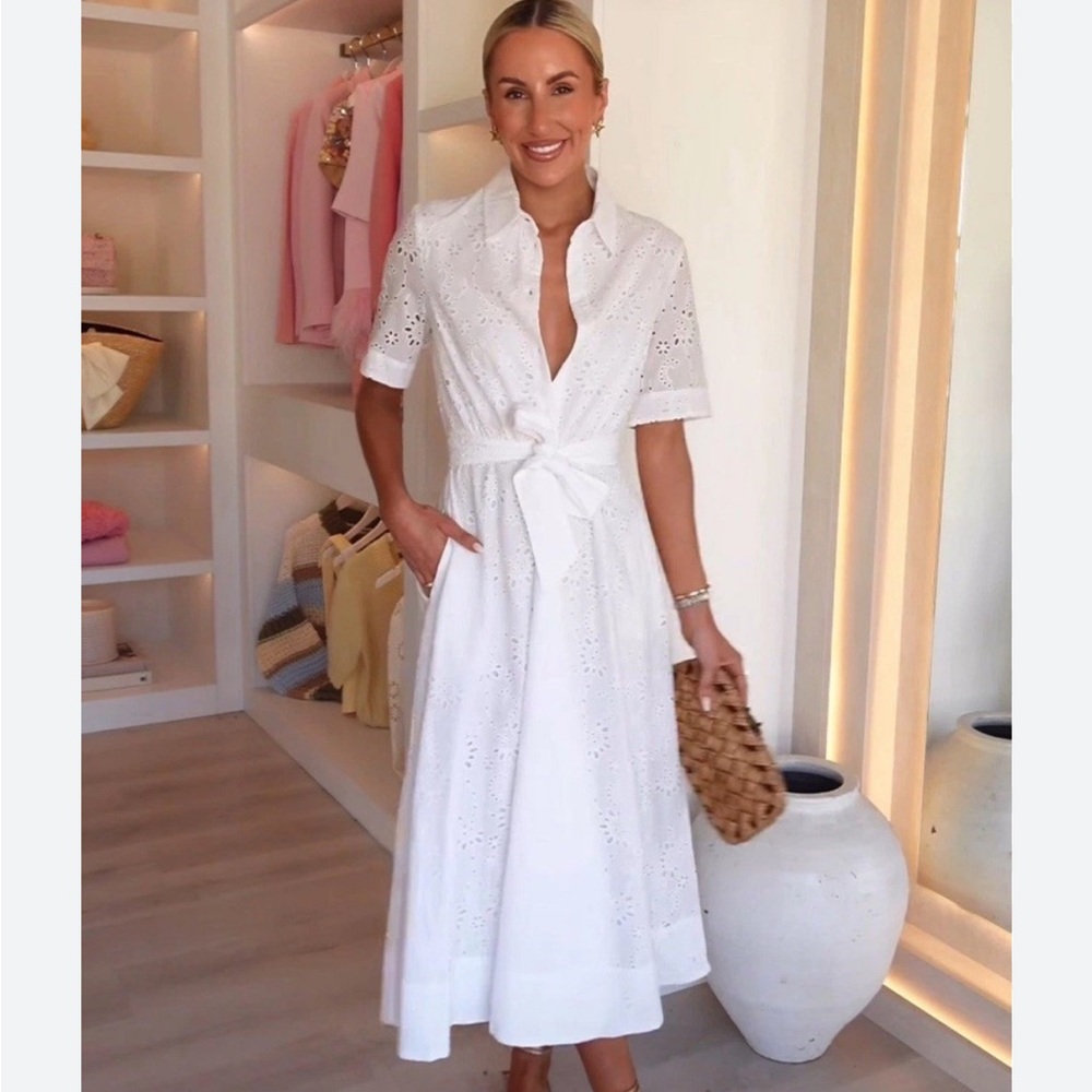 Zara NWT ZW Collection white embroidered belted midi dress short sleeve 8223/087 - Picture 2 of 8